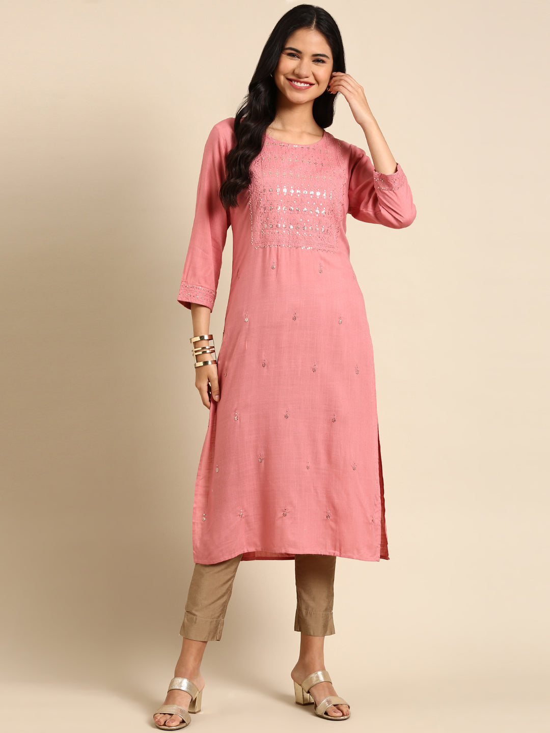 Women's Pink Solid Straight Kurta