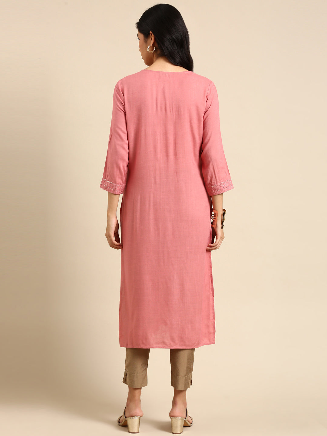 Women's Pink Solid Straight Kurta