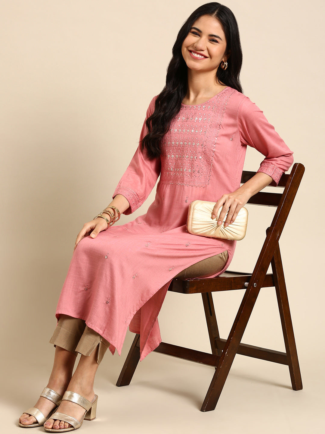 Women's Pink Solid Straight Kurta