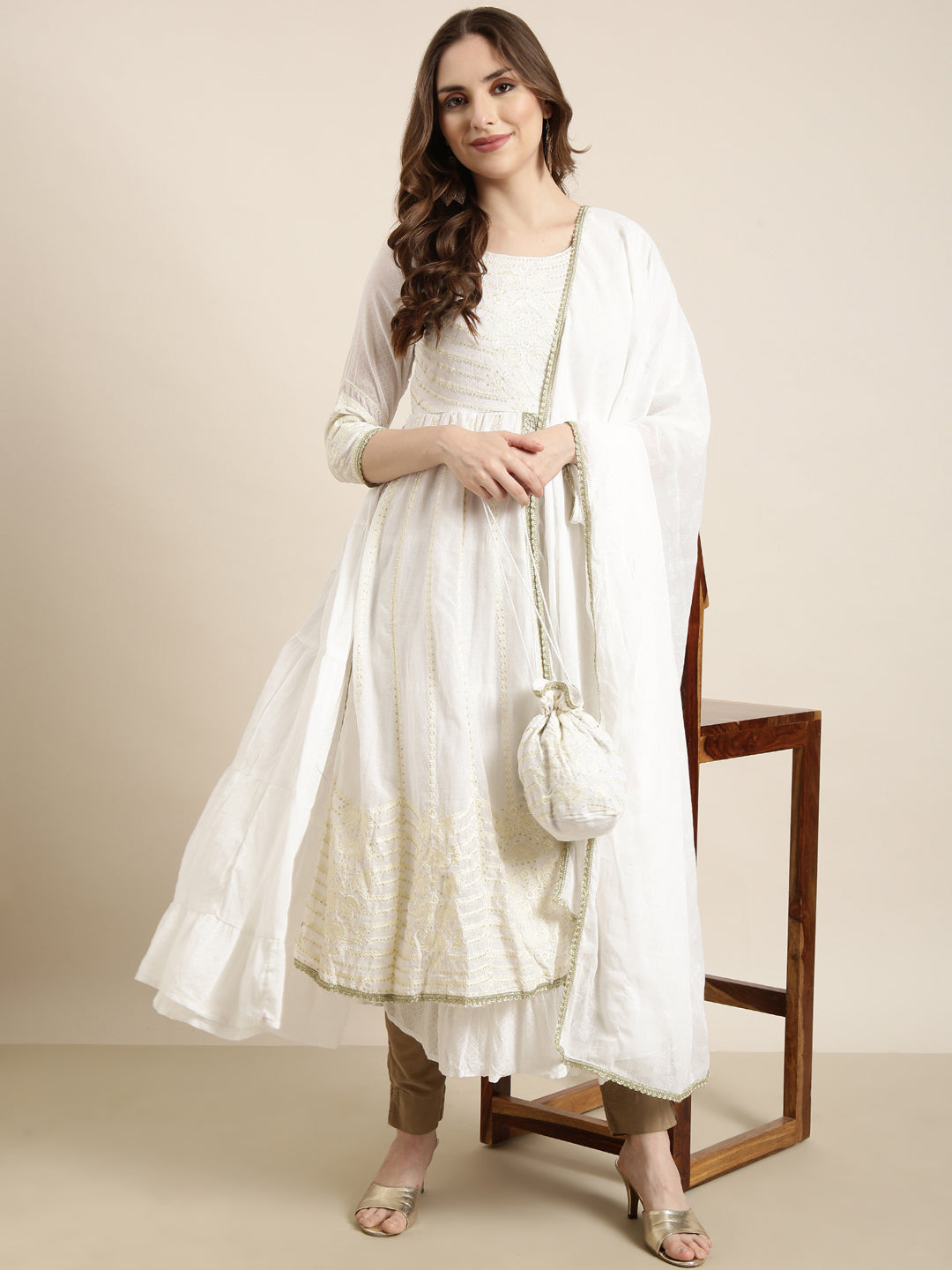 Women Anarkali Off White Embellished Kurta Comes with Dupatta and Potli Bag