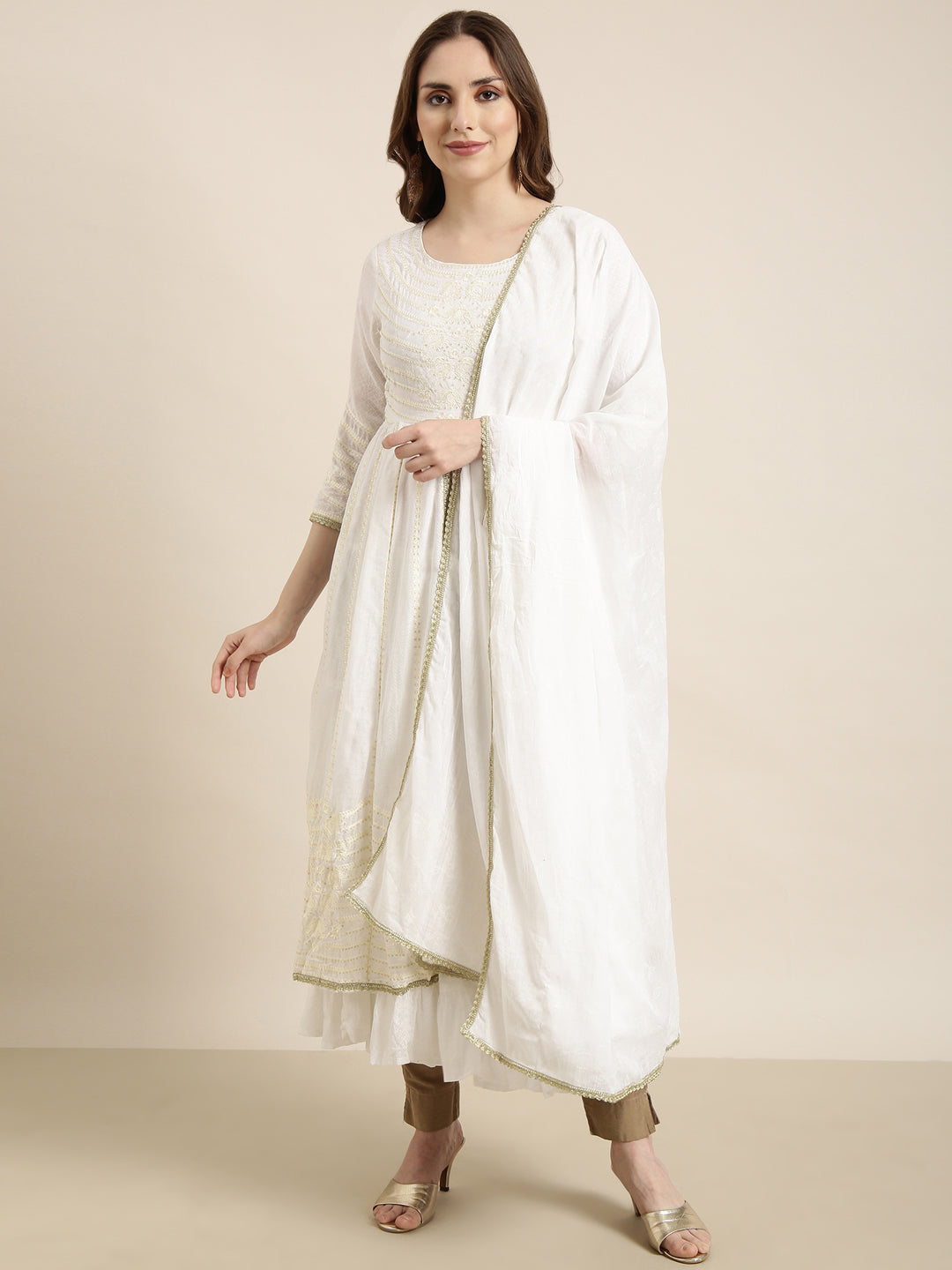 Women Anarkali Off White Embellished Kurta Comes with Dupatta and Potli Bag