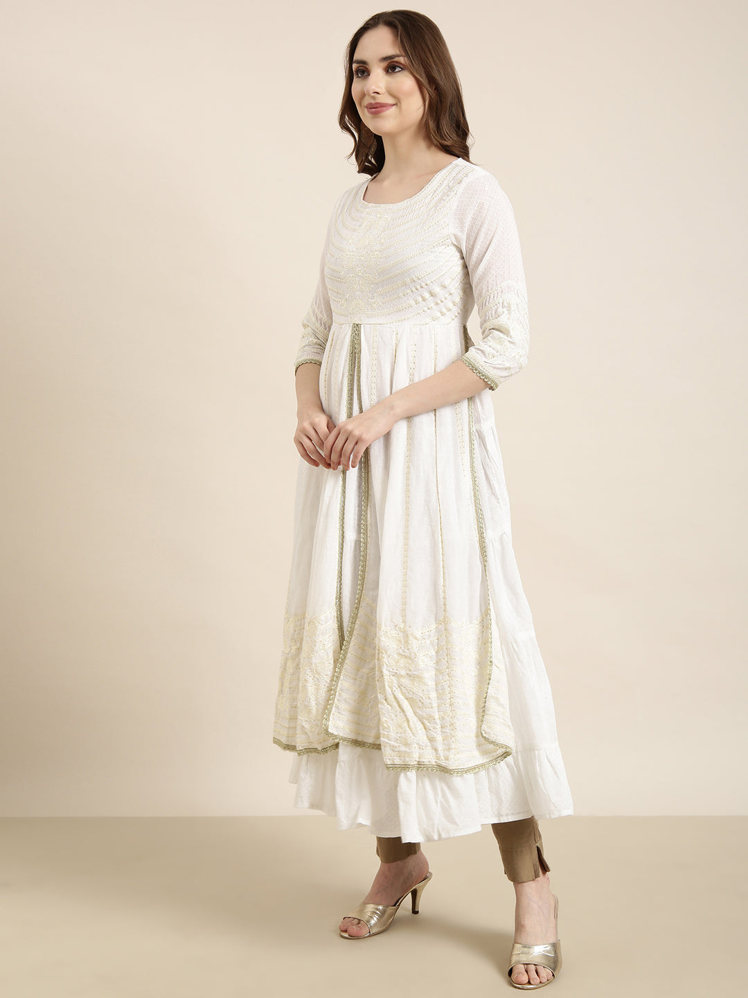 Women Anarkali Off White Embellished Kurta Comes with Dupatta and Potli Bag