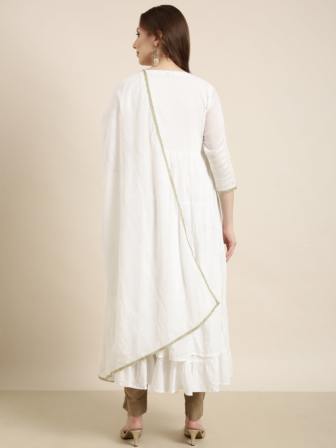 Women Anarkali Off White Embellished Kurta Comes with Dupatta and Potli Bag