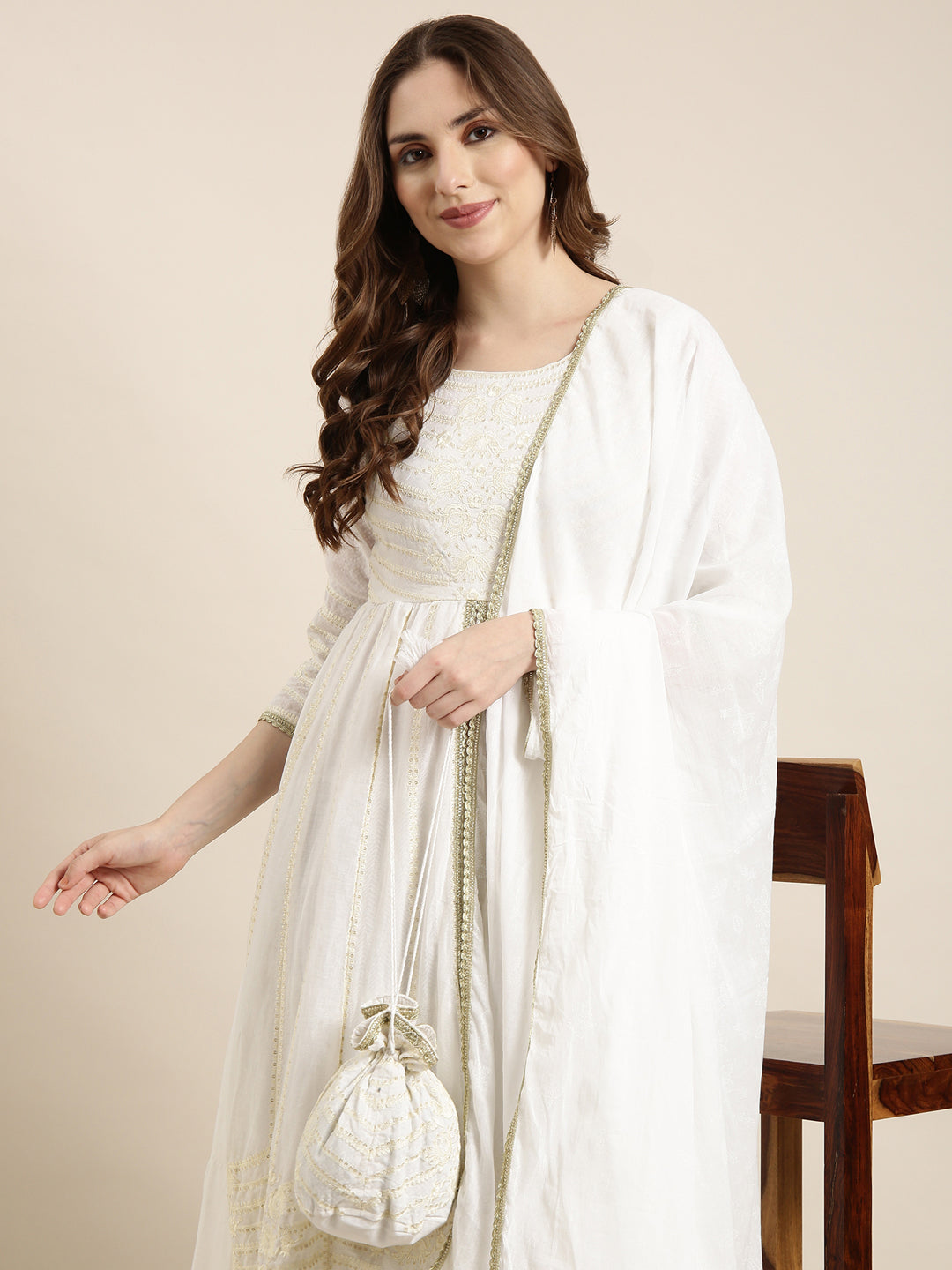 Women Anarkali Off White Embellished Kurta Comes with Dupatta and Potli Bag