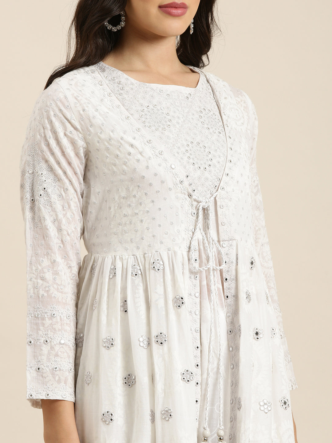 Women Anarkali White Floral Kurta and Sharara Set Comes With Dupatta and Potli Bag & Coat