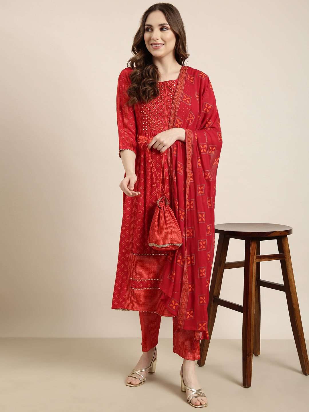 Women A-Line Red Geometric Kurta and Trousers Set Comes With Dupatta and Potli Bag