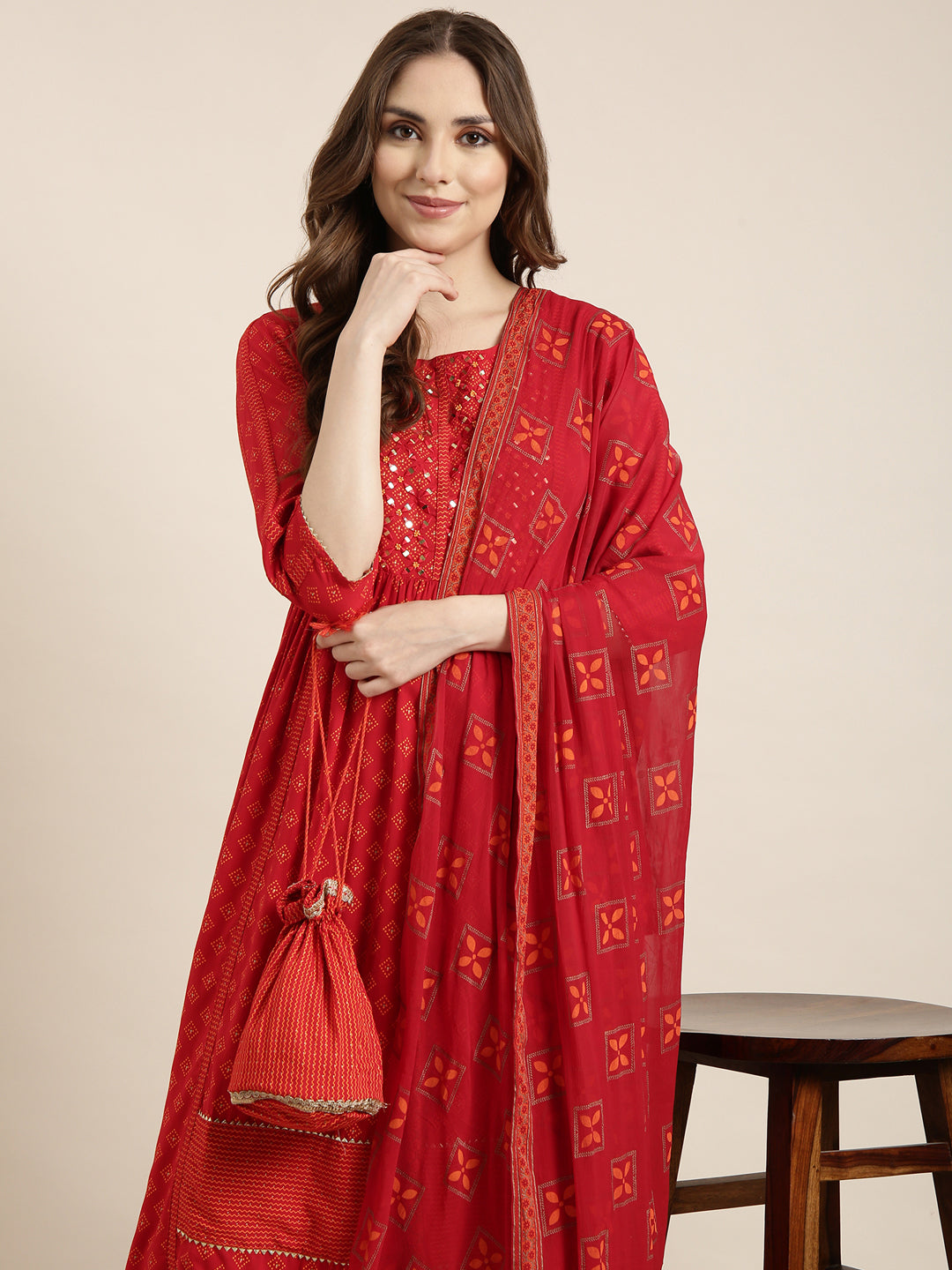 Women A-Line Red Geometric Kurta and Trousers Set Comes With Dupatta and Potli Bag