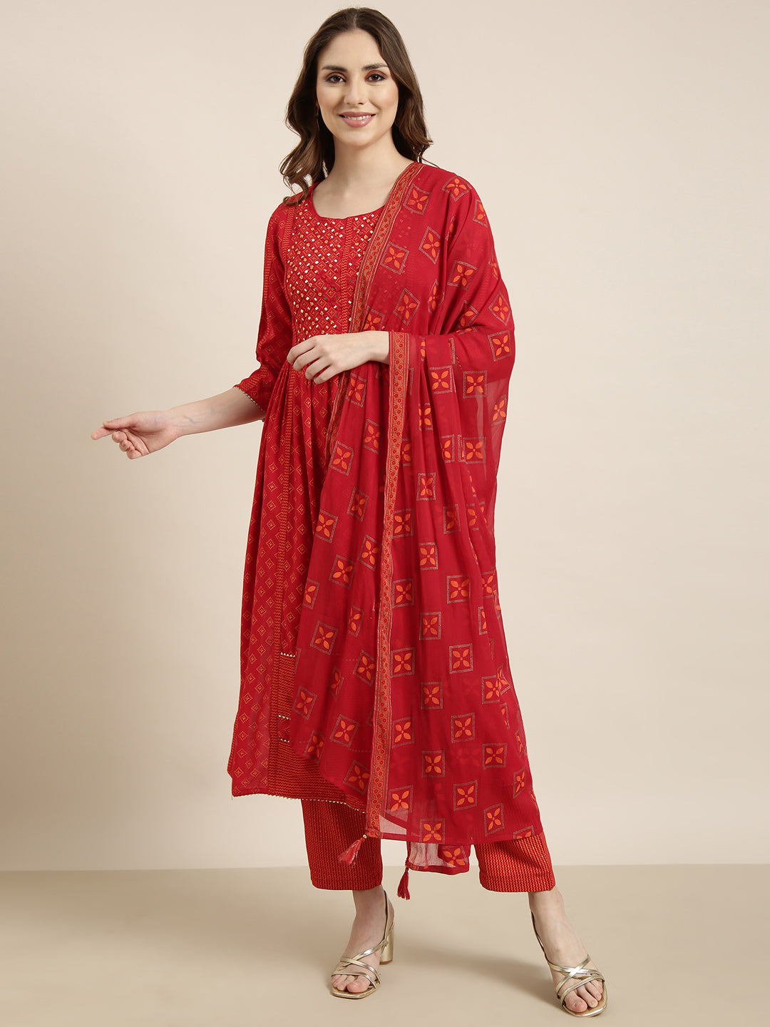 Women A-Line Red Geometric Kurta and Trousers Set Comes With Dupatta and Potli Bag