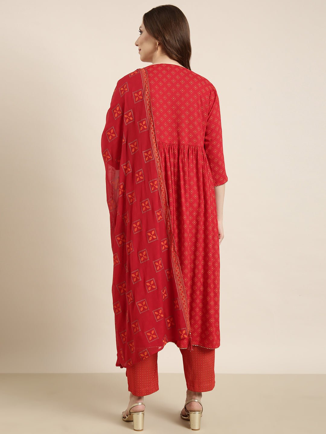 Women A-Line Red Geometric Kurta and Trousers Set Comes With Dupatta and Potli Bag