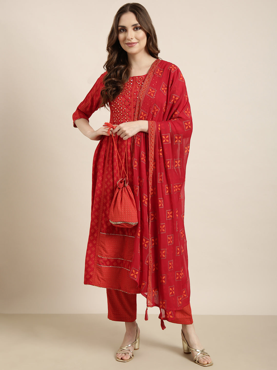 Women A-Line Red Geometric Kurta and Trousers Set Comes With Dupatta and Potli Bag