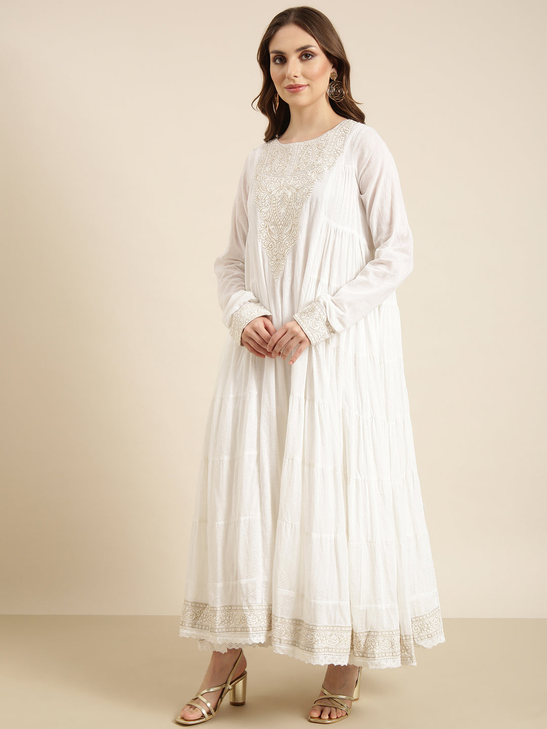 Women Anarkali Off White Floral Kurta and Trousers Set Comes With Dupatta and Potli Bag