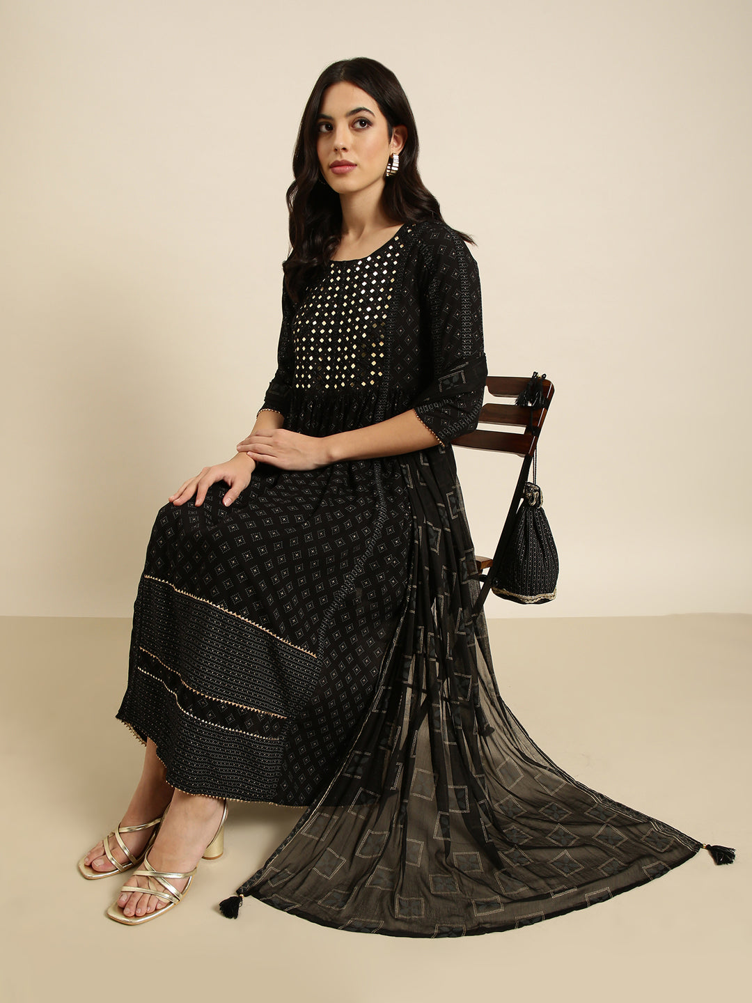 Women A-Line Black Printed Kurta and Trousers Set Comes With Dupatta