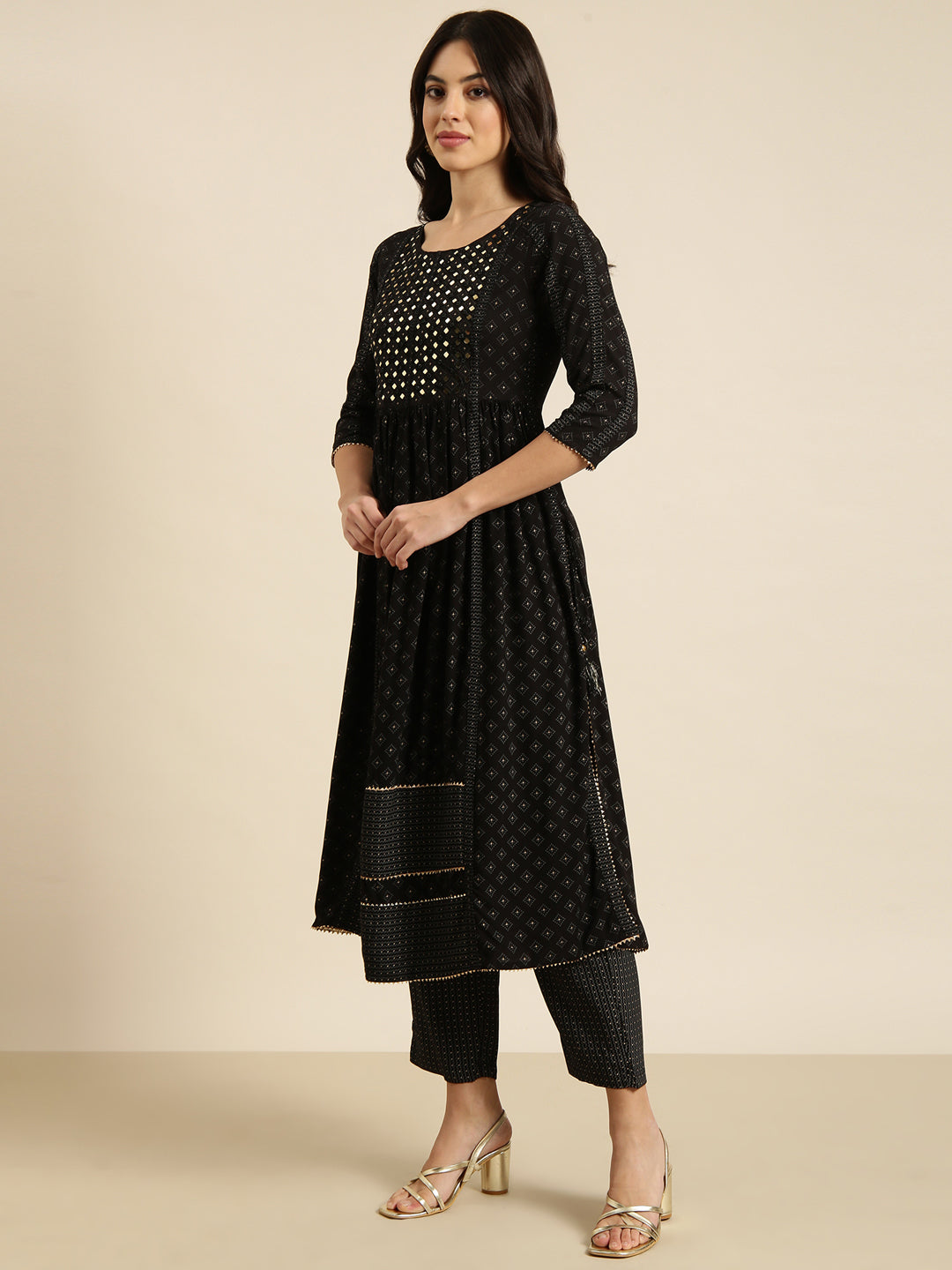 Women A-Line Black Printed Kurta and Trousers Set Comes With Dupatta