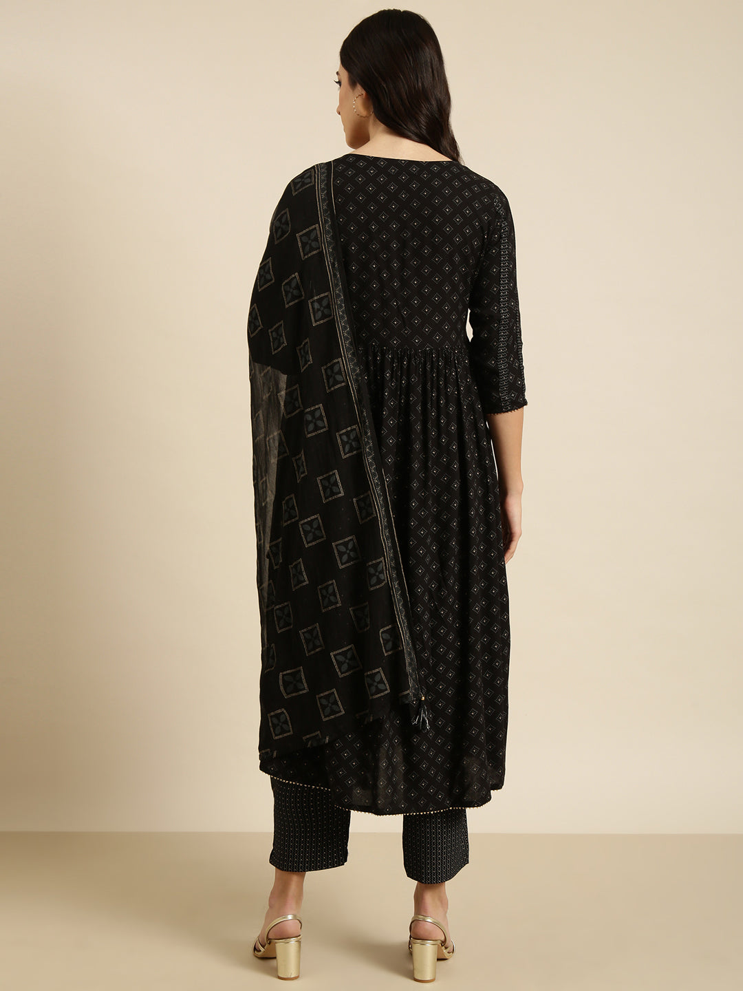 Women A-Line Black Printed Kurta and Trousers Set Comes With Dupatta