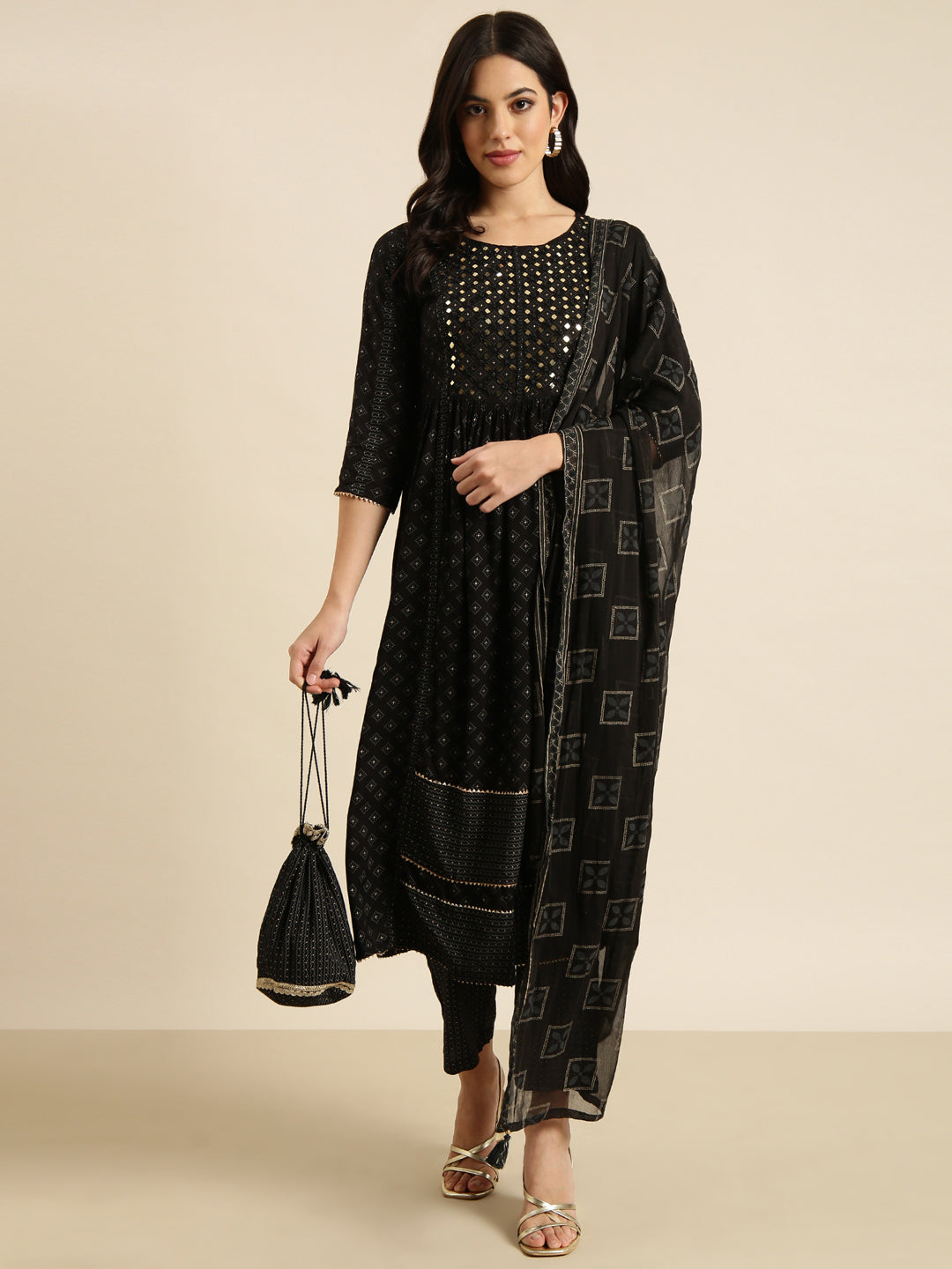 Women A-Line Black Printed Kurta and Trousers Set Comes With Dupatta