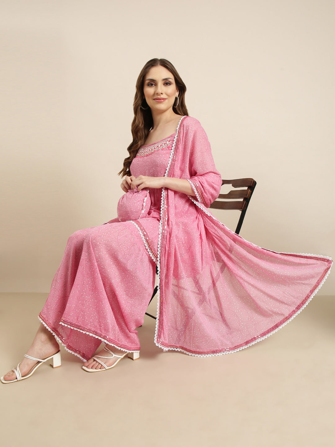 Women Anarkali Pink Floral Kurta and Sharara Set Comes With Dupatta and Potli Bag