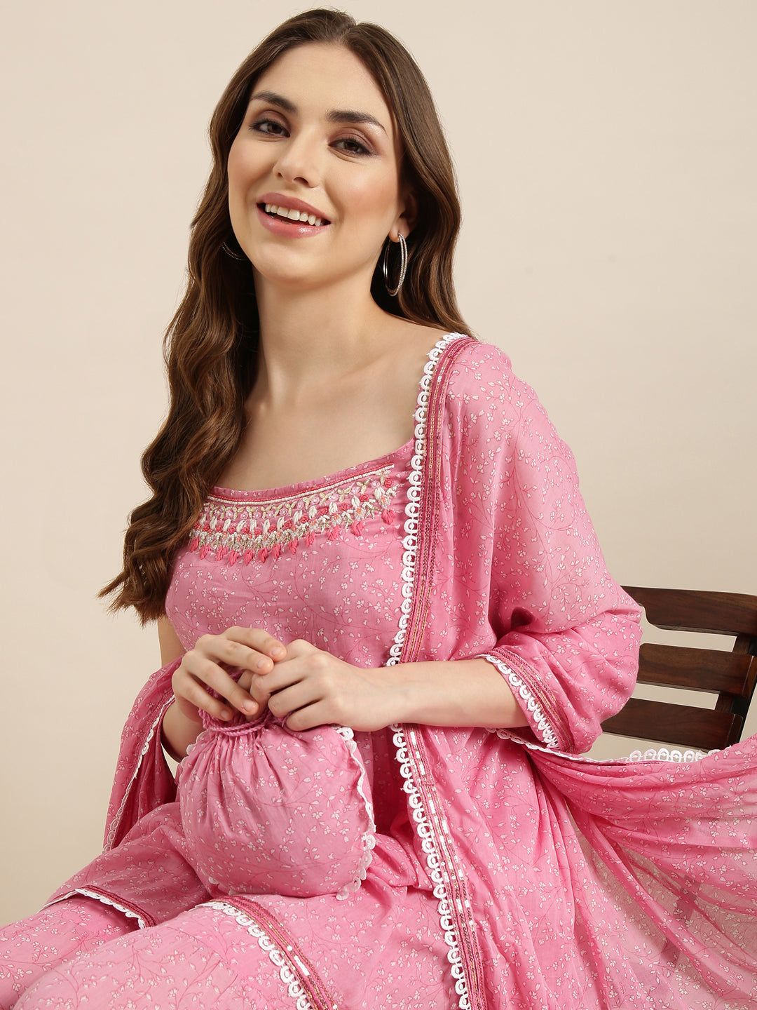 Women Anarkali Pink Floral Kurta and Sharara Set Comes With Dupatta and Potli Bag