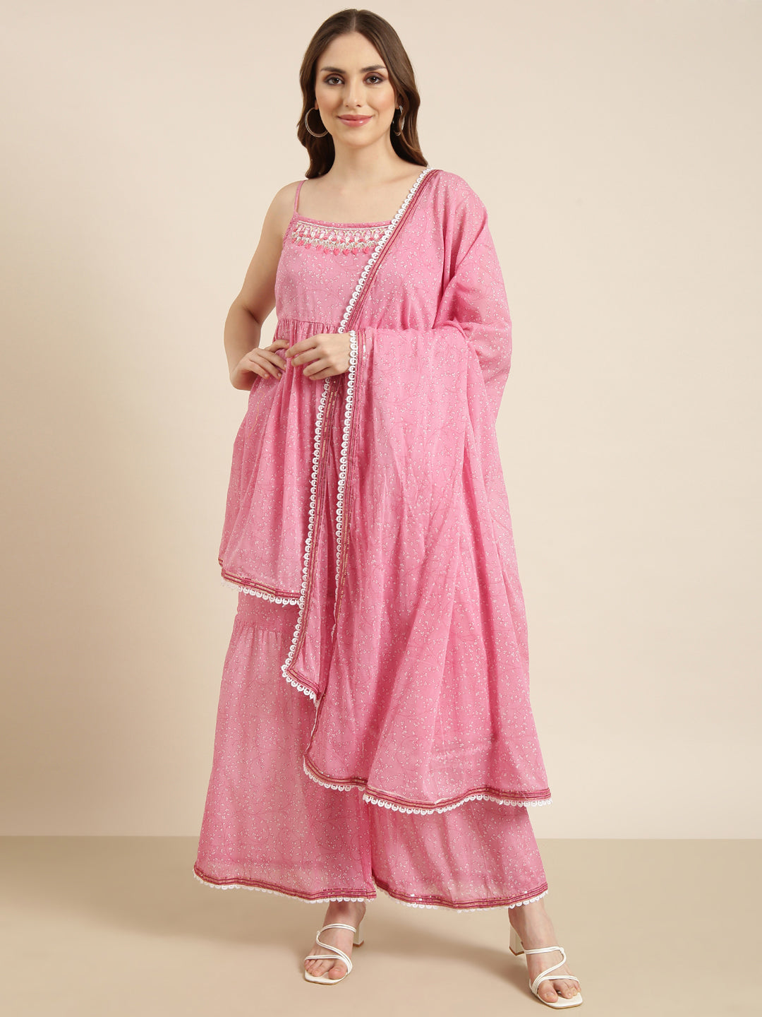 Women Anarkali Pink Floral Kurta and Sharara Set Comes With Dupatta and Potli Bag