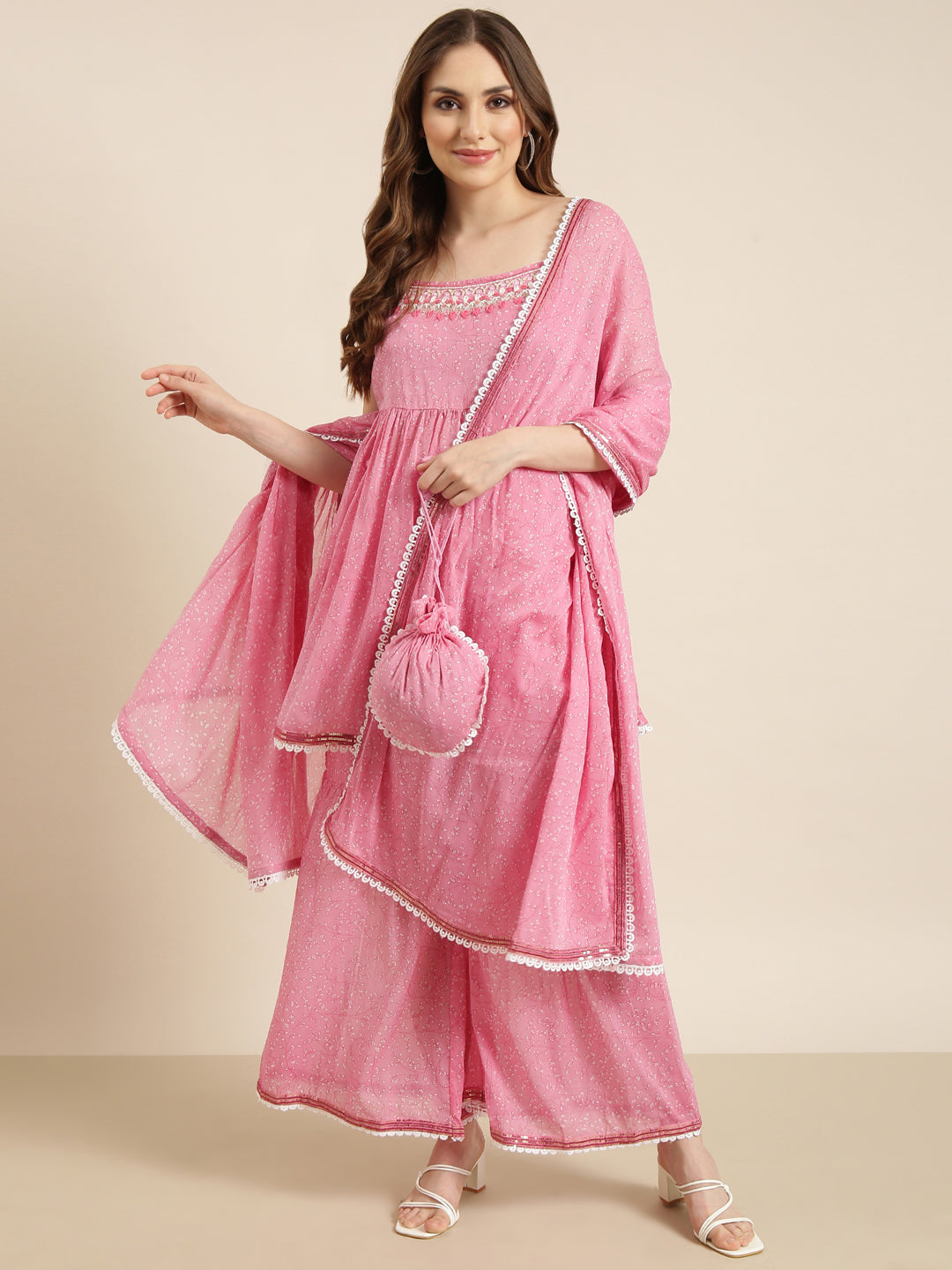 Women Anarkali Pink Floral Kurta and Sharara Set Comes With Dupatta and Potli Bag