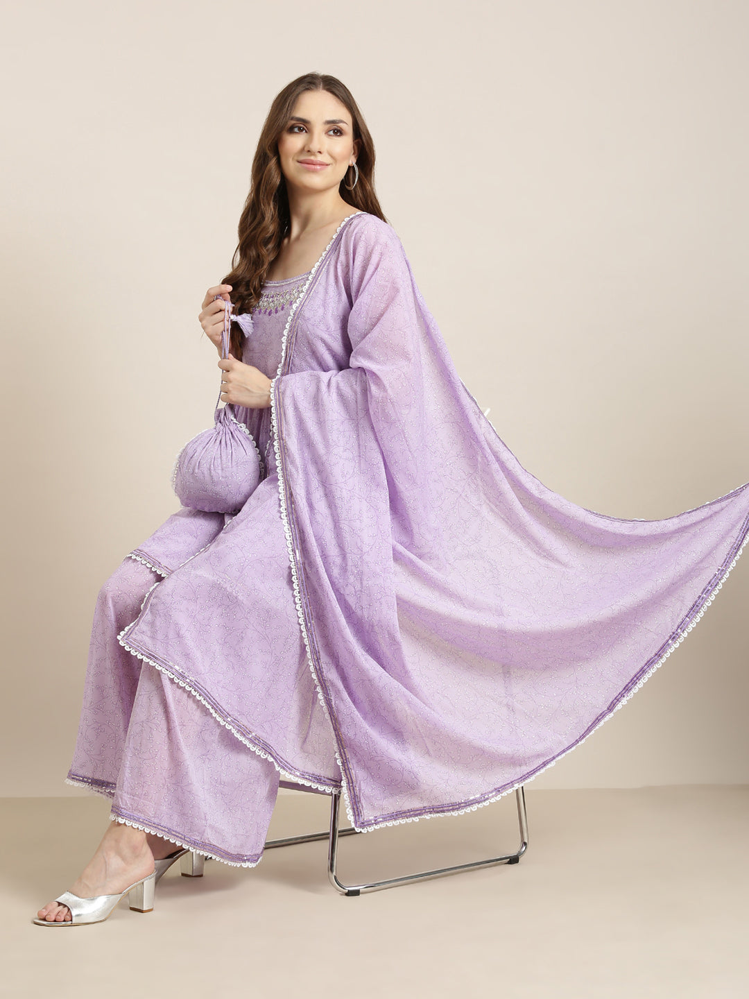 Women Anarkali Lavender Floral Kurta and Sharara Set Comes With Dupatta and Potli Bag