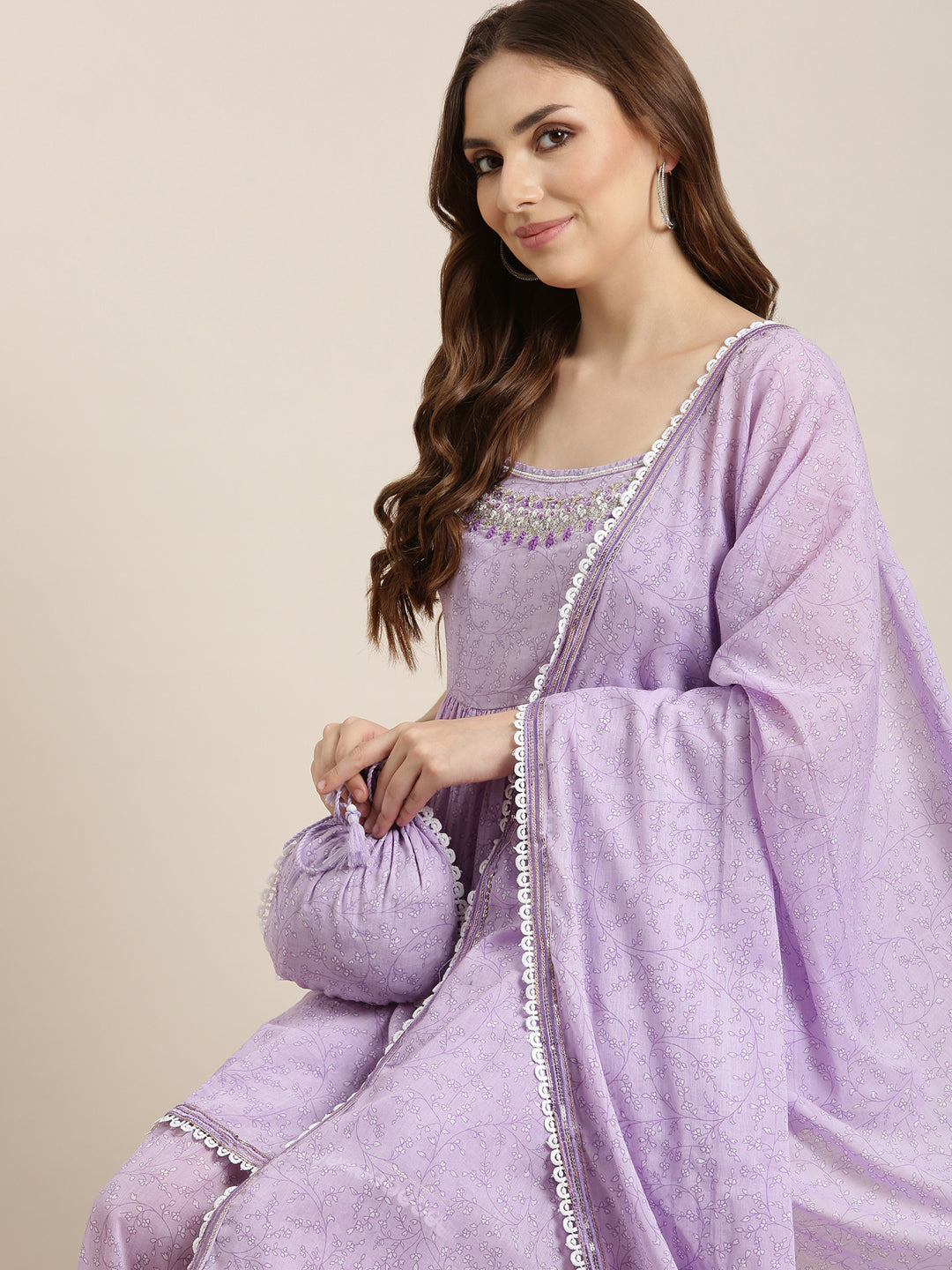 Women Anarkali Lavender Floral Kurta and Sharara Set Comes With Dupatta and Potli Bag