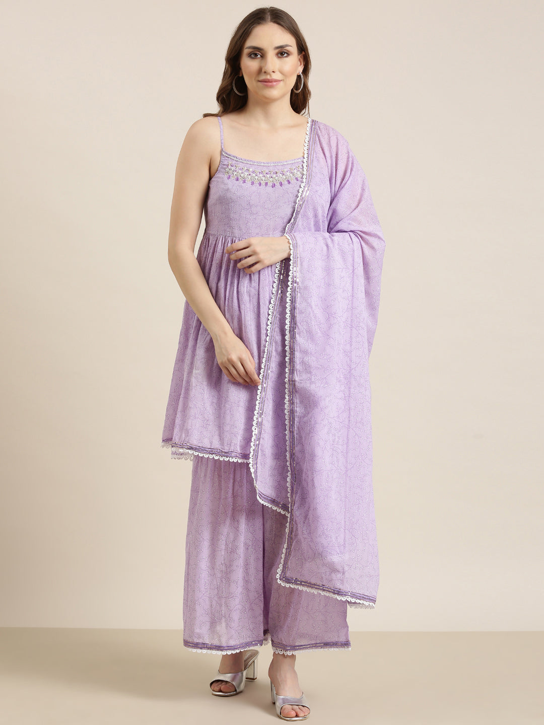 Women Anarkali Lavender Floral Kurta and Sharara Set Comes With Dupatta and Potli Bag