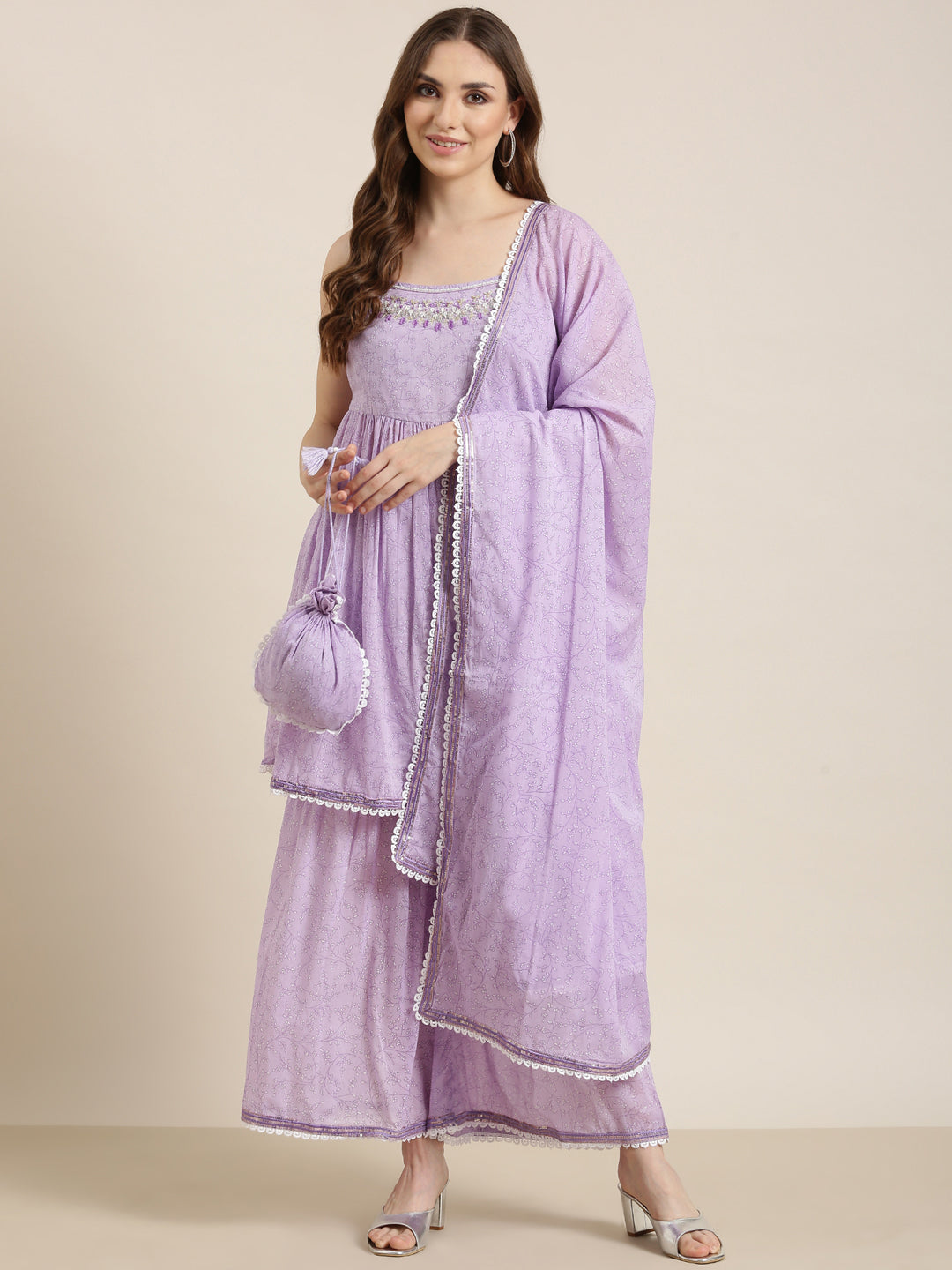 Women Anarkali Lavender Floral Kurta and Sharara Set Comes With Dupatta and Potli Bag