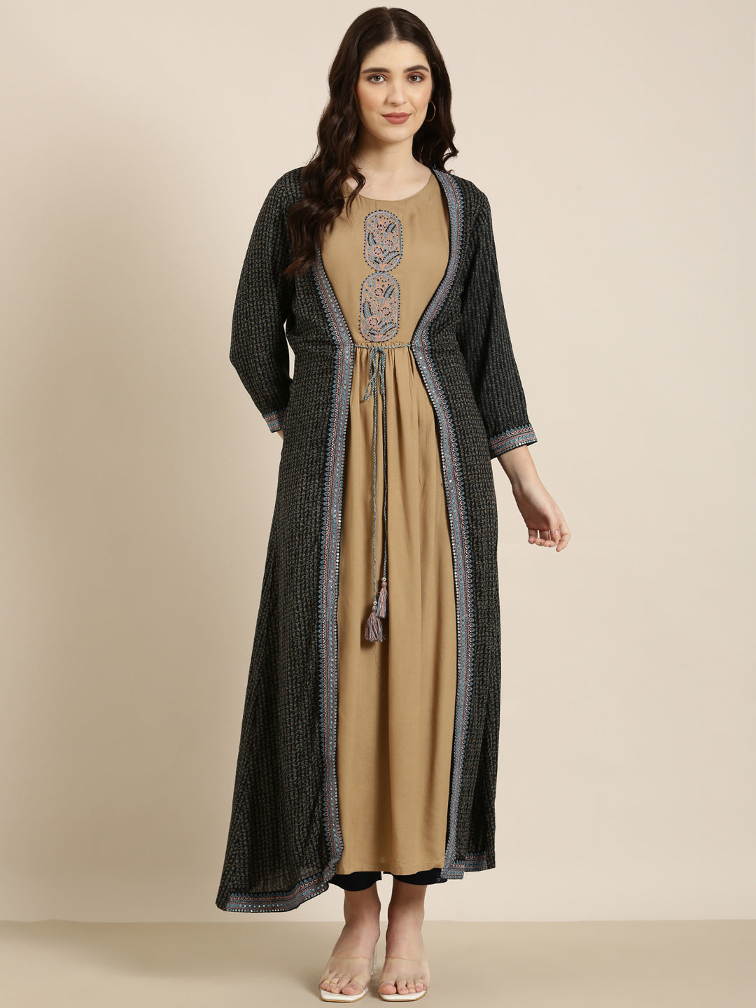 Women Khaki Solid Anarkali Kurta