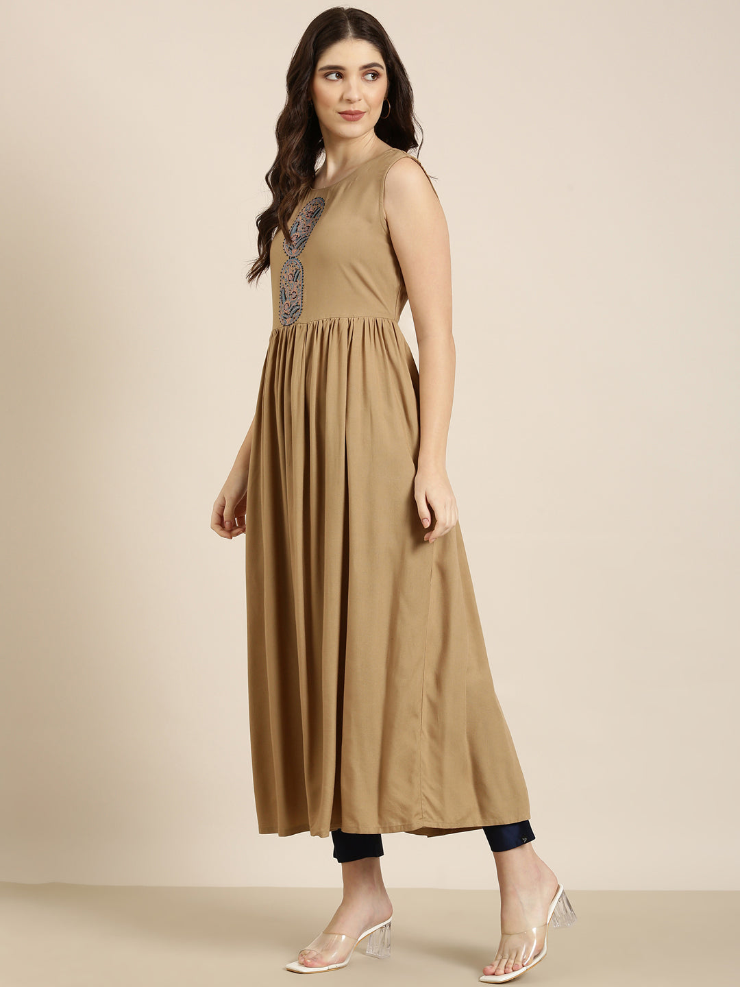 Women Khaki Solid Anarkali Kurta