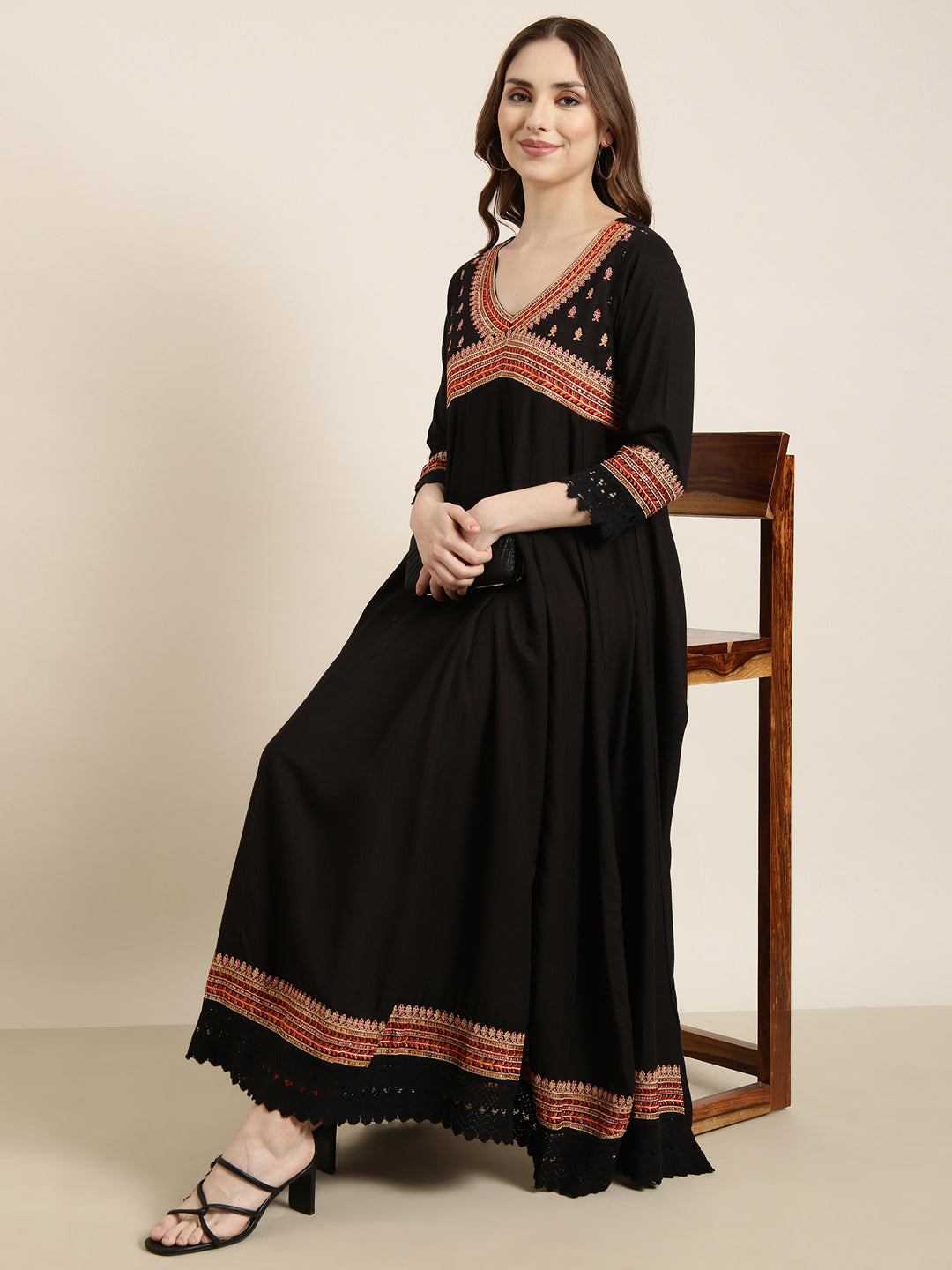 Women Anarkali Black Embellished Kurta