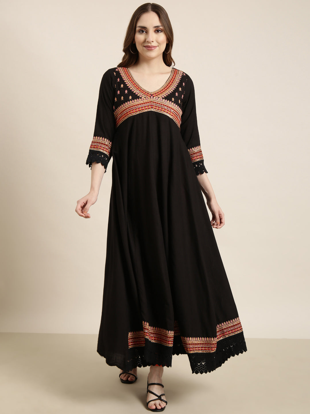 Women Anarkali Black Embellished Kurta