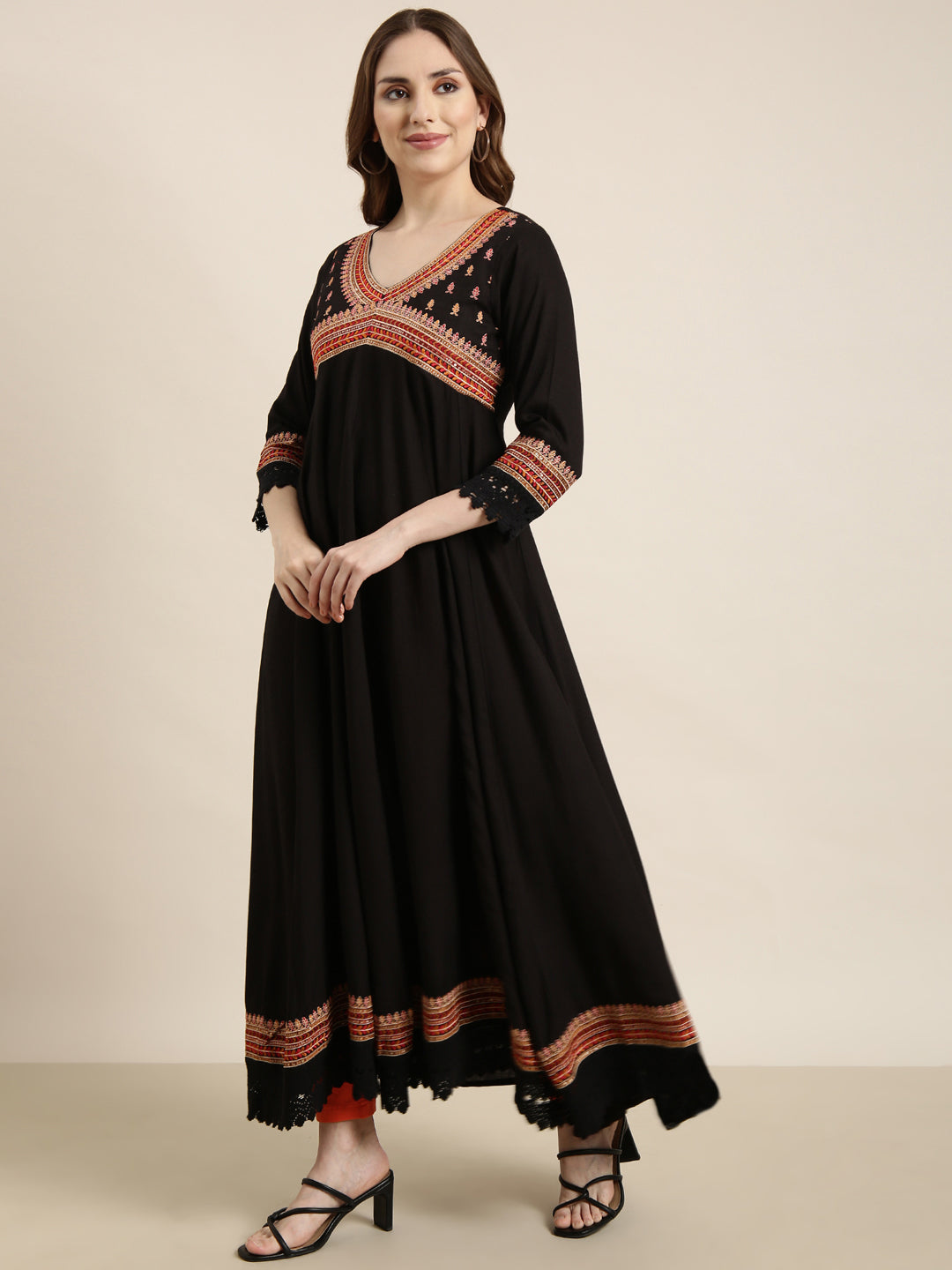 Women Anarkali Black Embellished Kurta