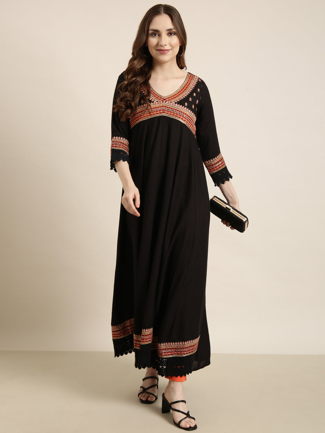 Women Anarkali Black Embellished Kurta