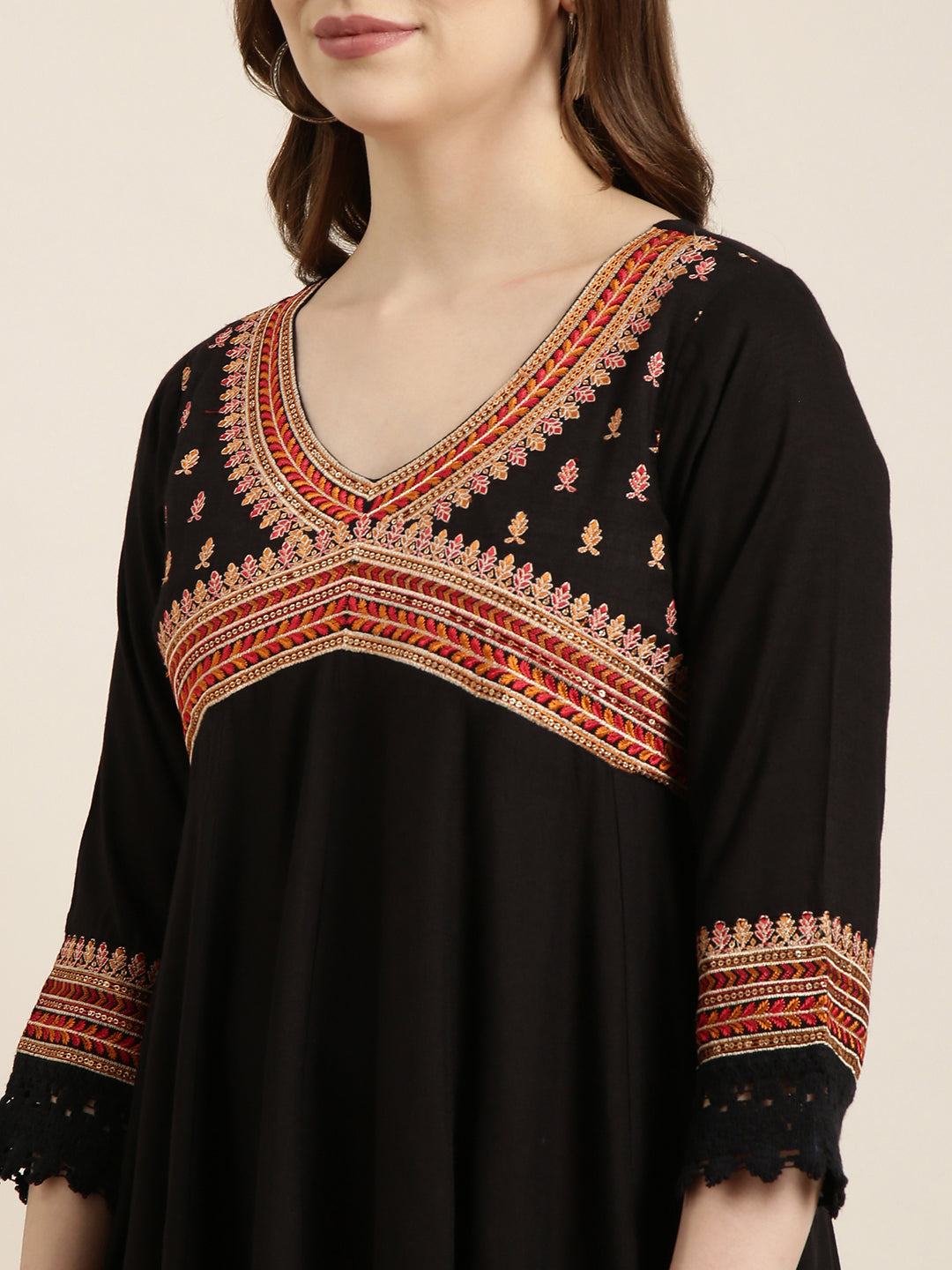 Women Anarkali Black Embellished Kurta