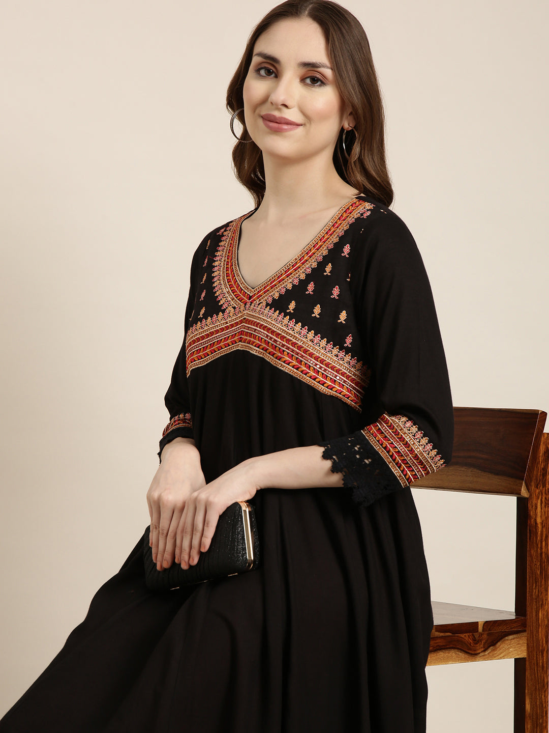 Women Anarkali Black Embellished Kurta