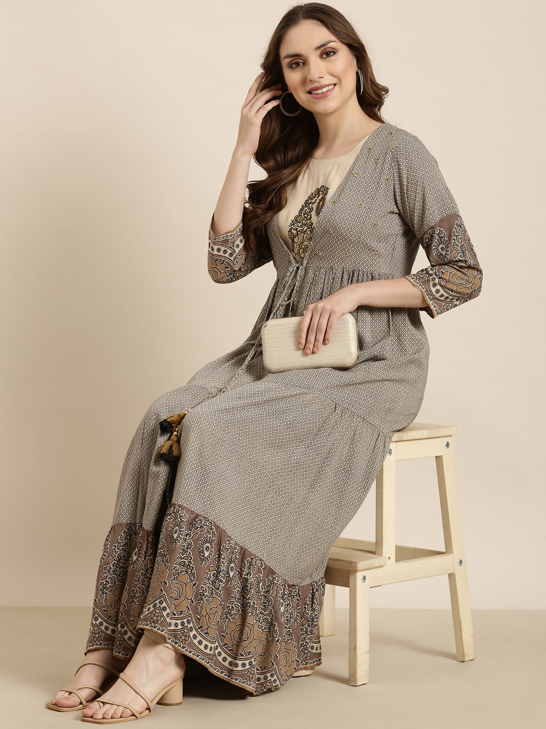 Women Anarkali Beige Ethnic Motifs Kurta Comes With Overcoat