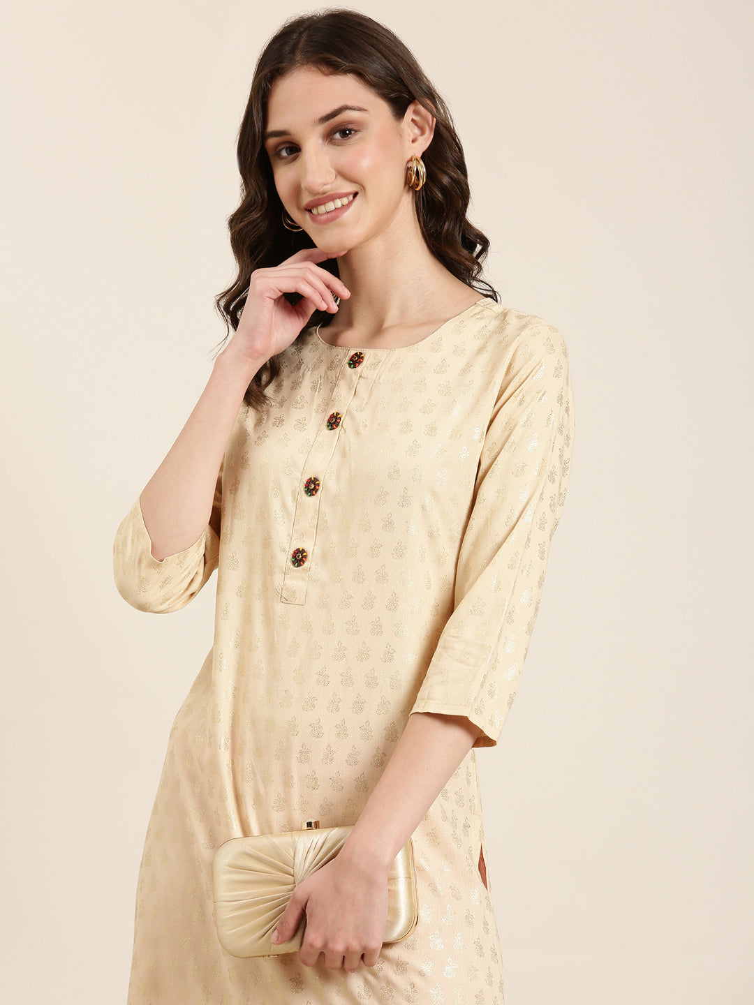 Women Beige Floral Straight Kurta