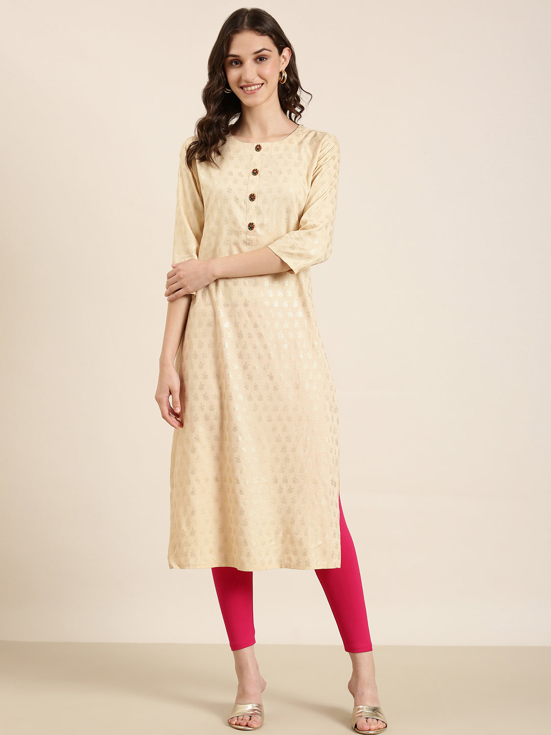 Women Beige Floral Straight Kurta