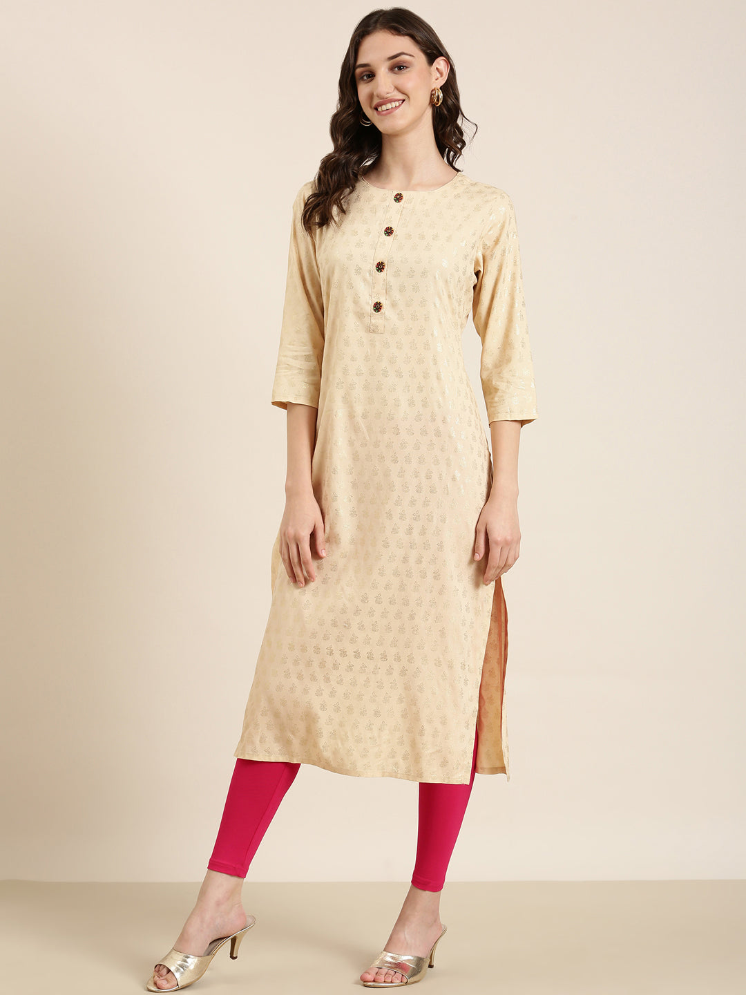 Women Beige Floral Straight Kurta