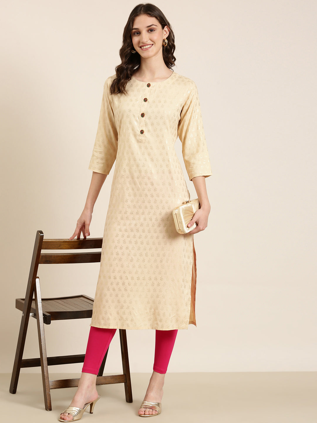 Women Beige Floral Straight Kurta