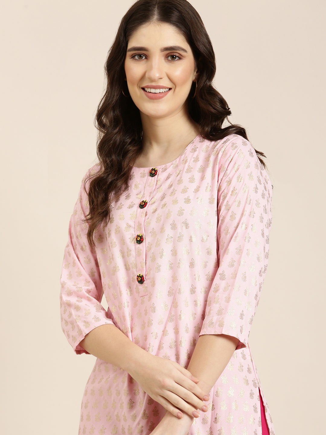 Women Pink Floral Straight Kurta