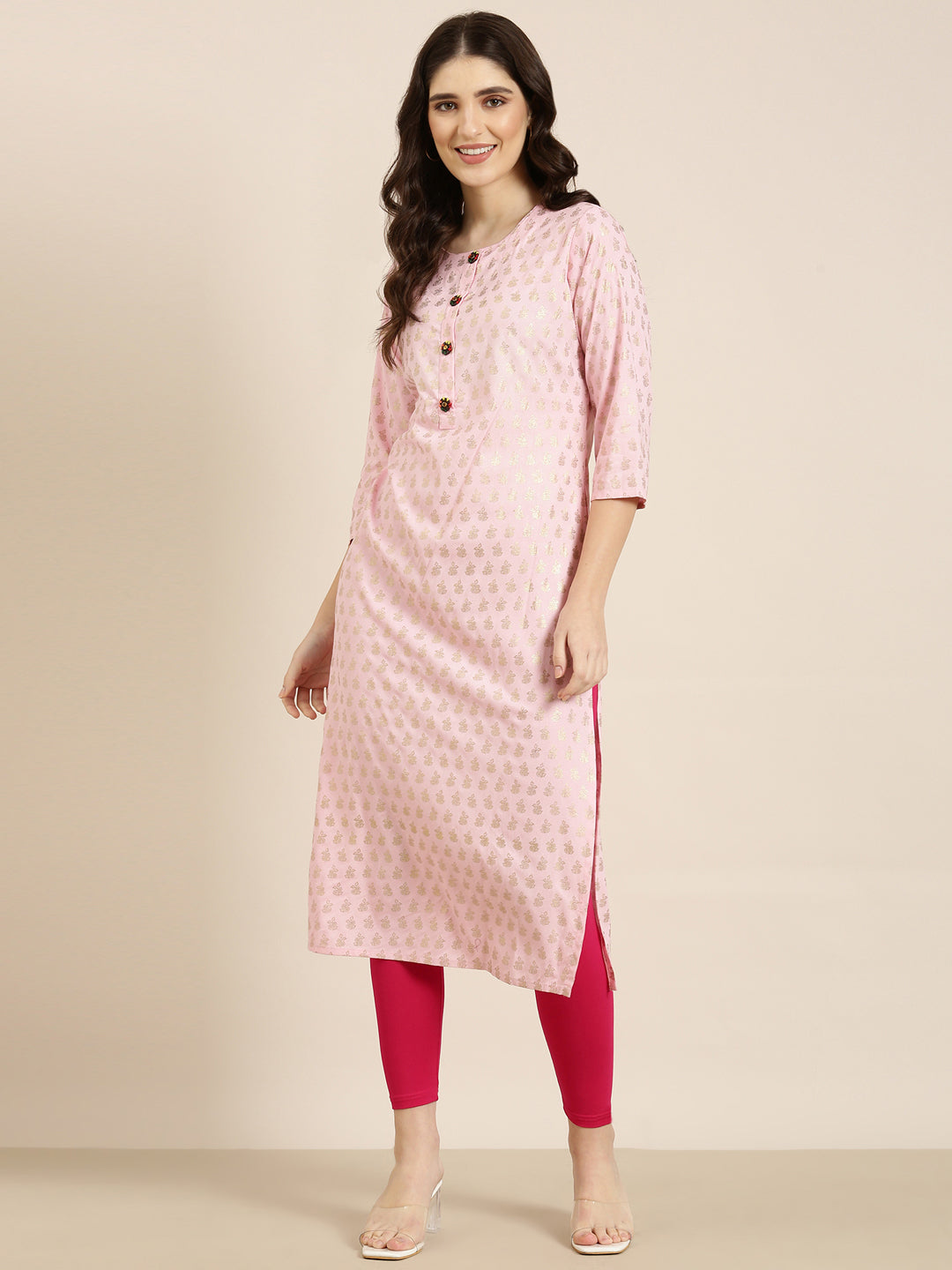 Women Pink Floral Straight Kurta