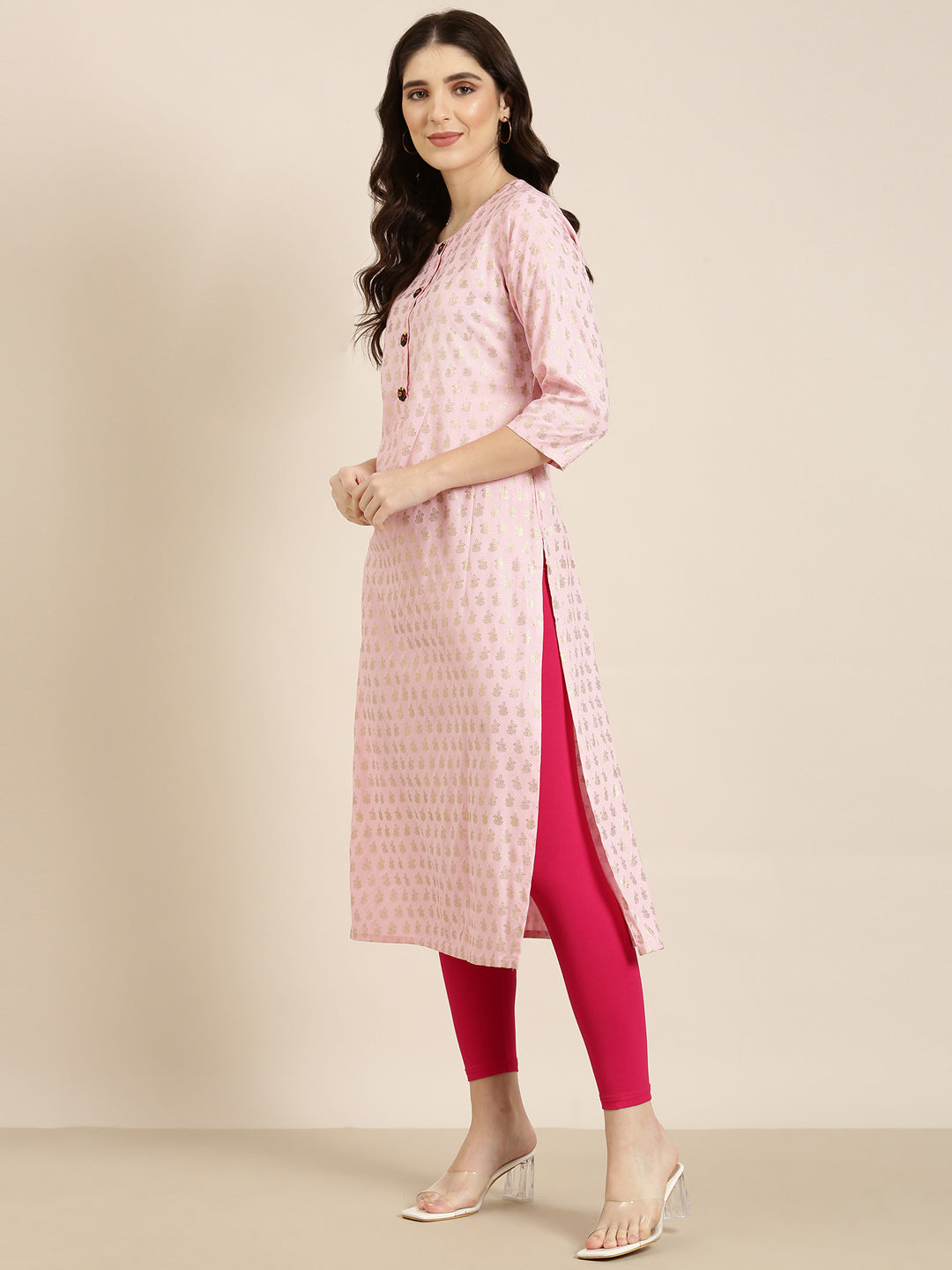 Women Pink Floral Straight Kurta