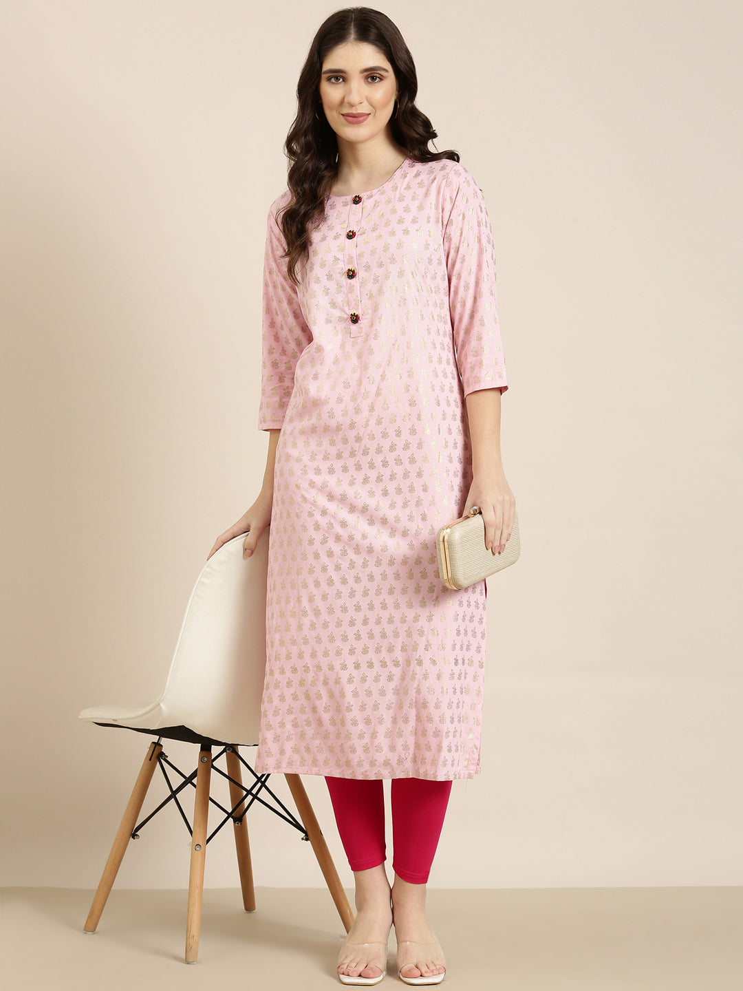 Women Pink Floral Straight Kurta