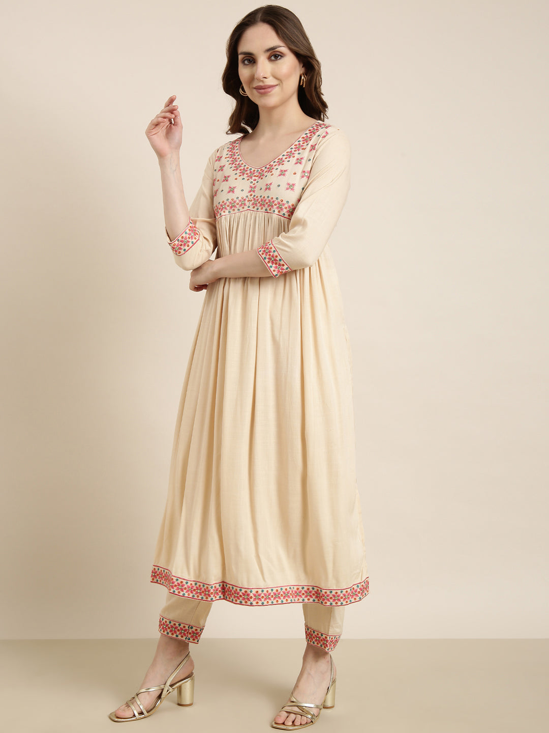 Women Anarkali Beige Solid Kurta and Trousers Set Comes With Dupatta