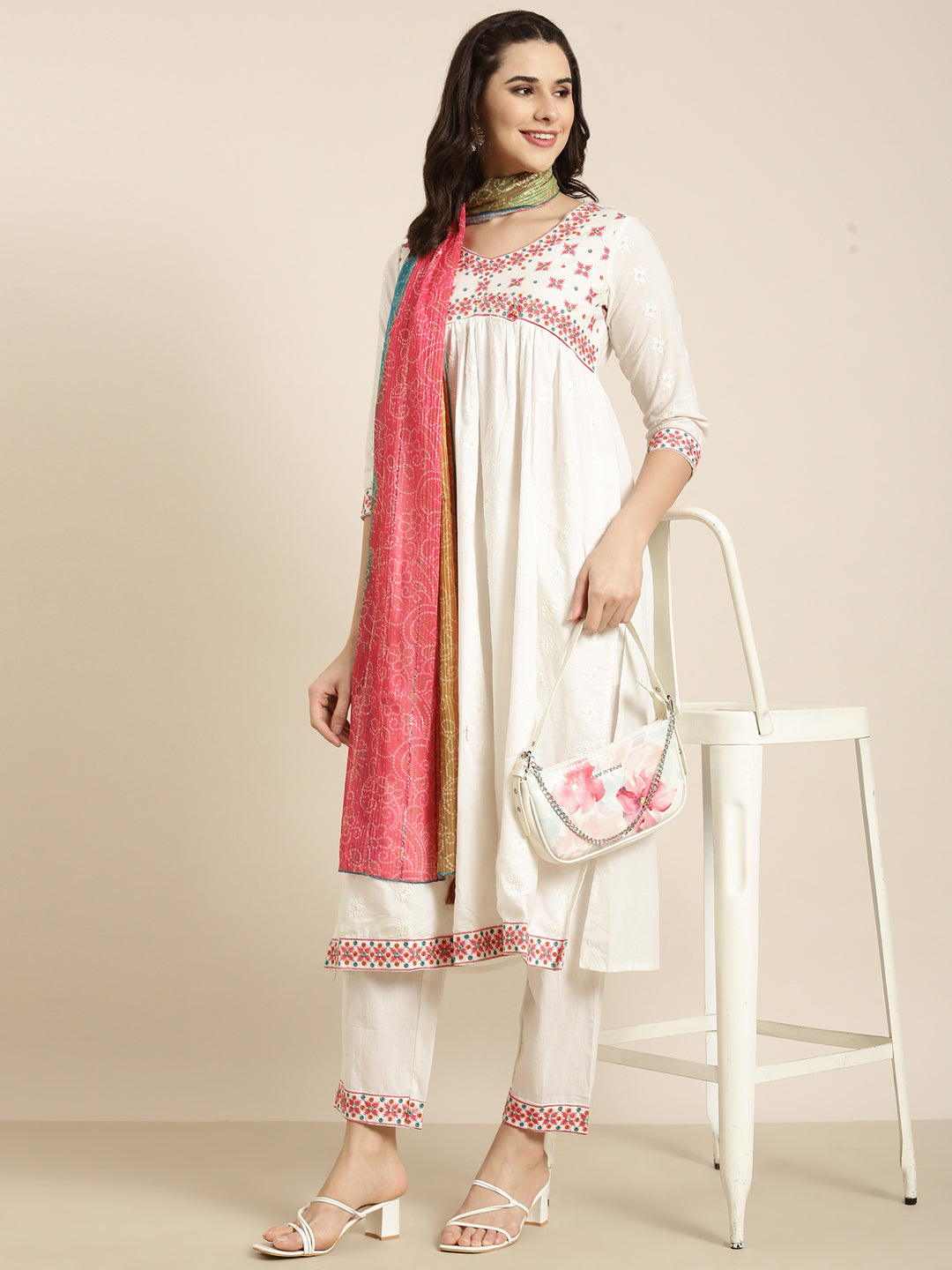 Women A-Line Off White Solid Kurta and Trousers Set Comes With Dupatta