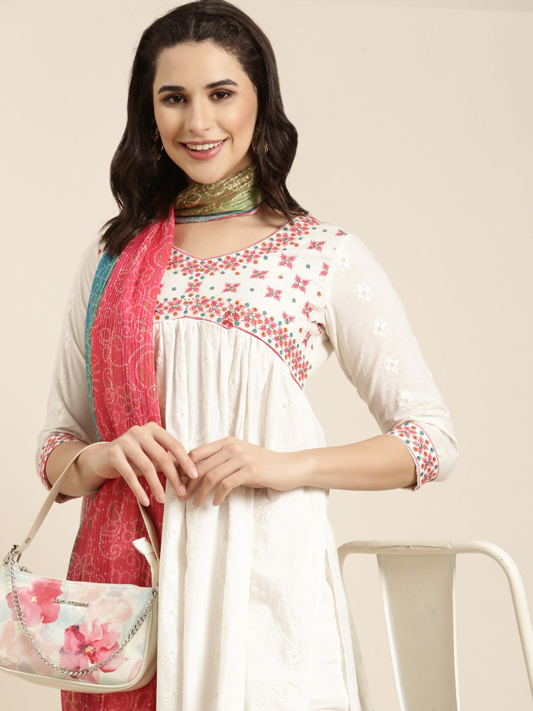 Women A-Line Off White Solid Kurta and Trousers Set Comes With Dupatta