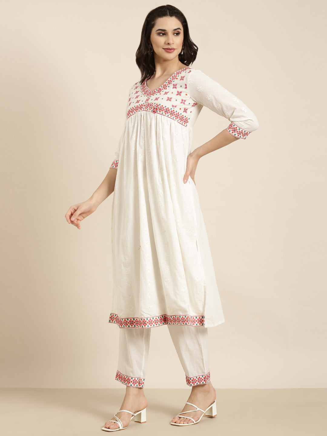 Women A-Line Off White Solid Kurta and Trousers Set Comes With Dupatta