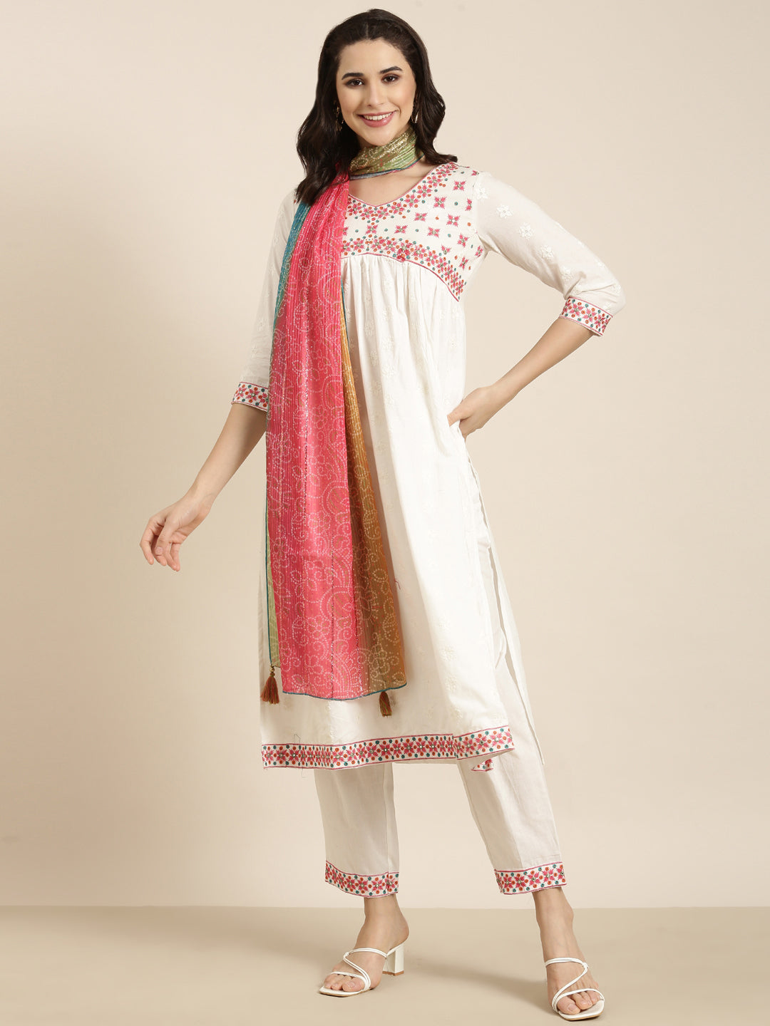 Women A-Line Off White Solid Kurta and Trousers Set Comes With Dupatta