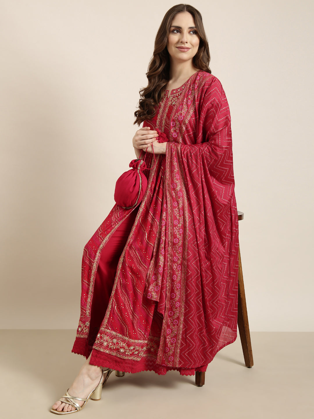 Women Anarkali Pink Geometric Kurta and Trousers Set Comes With Dupatta and Potli Bag and Waist Belt